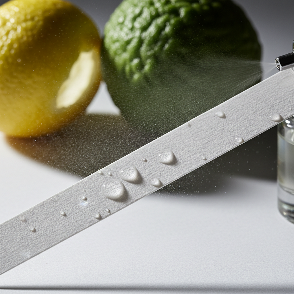 Close-up perfume blotter testing with citrus notes for fragrance matching by mood