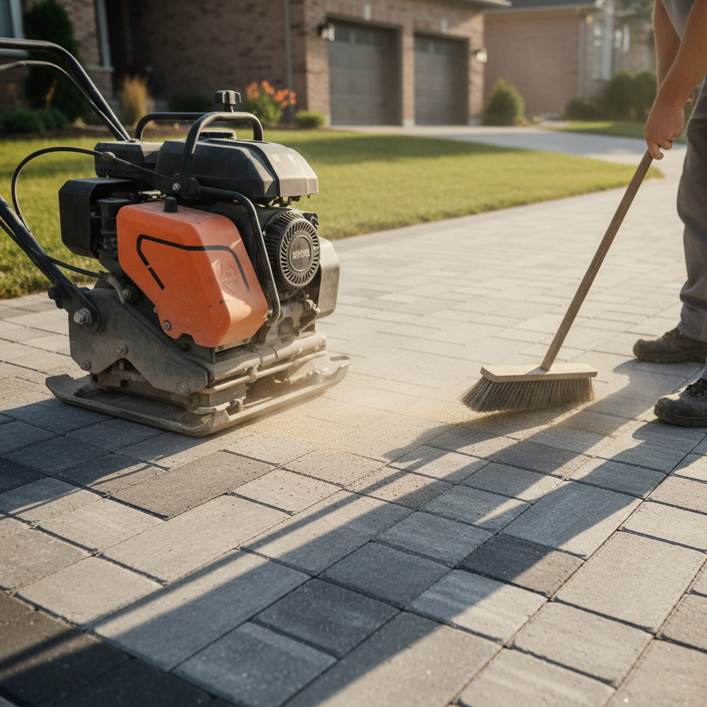 Plate compactor passing over newly installed interlocking pavers with polymeric sand being swept into joints on a residential driveway
