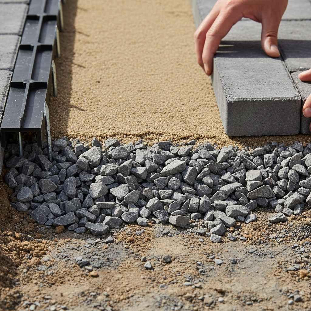Close-up of interlocking paver installation layers showing compacted base, bedding sand, and first pavers set for a Mississauga hardscape