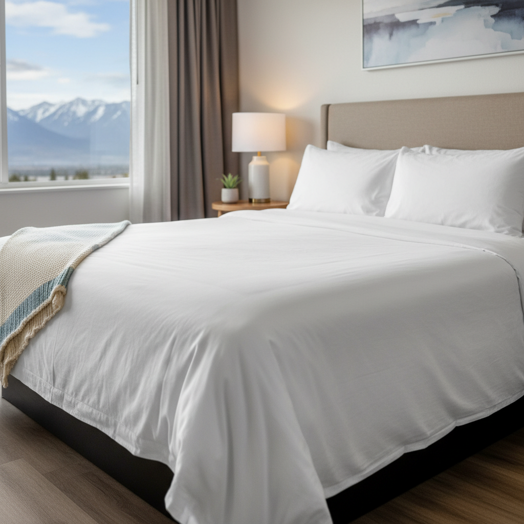 Renovated North Conway motel room with crisp white bedding and a soft mountain view through the window, ideal for families and couples booking a North Conway motel