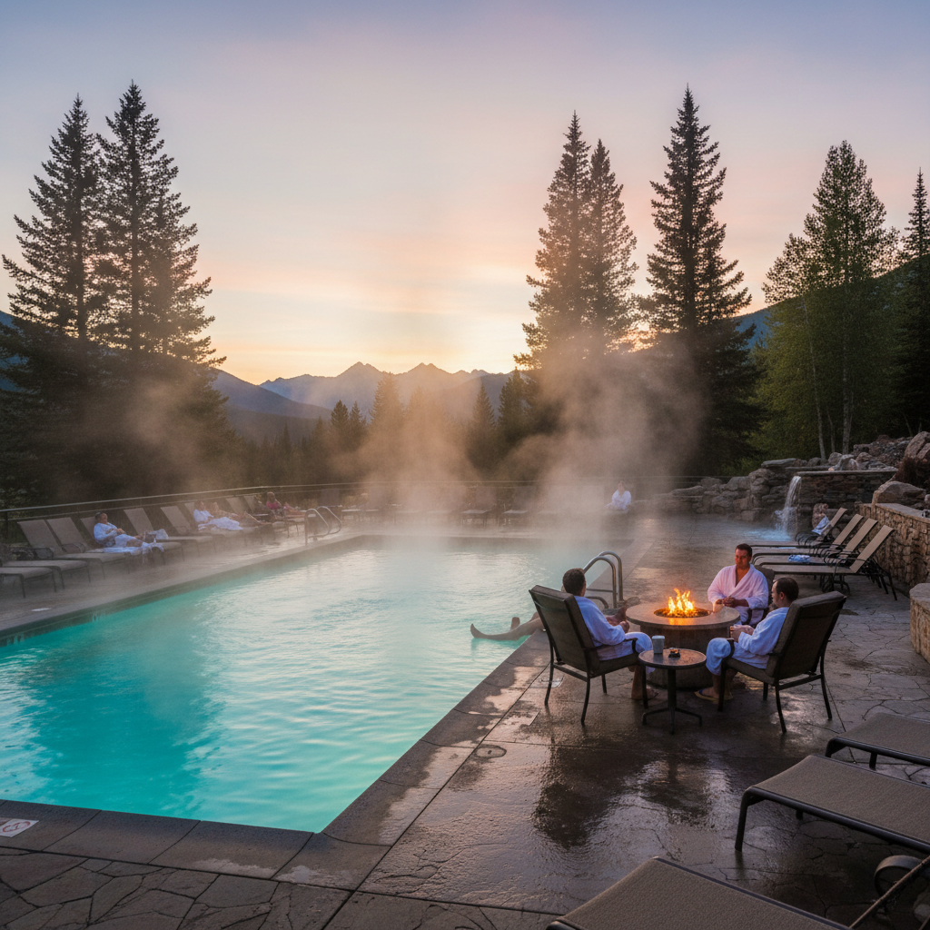 Outdoor heated pool at a North Conway motel with steam rising on a cool evening, perfect for families after outlet shopping or skiing