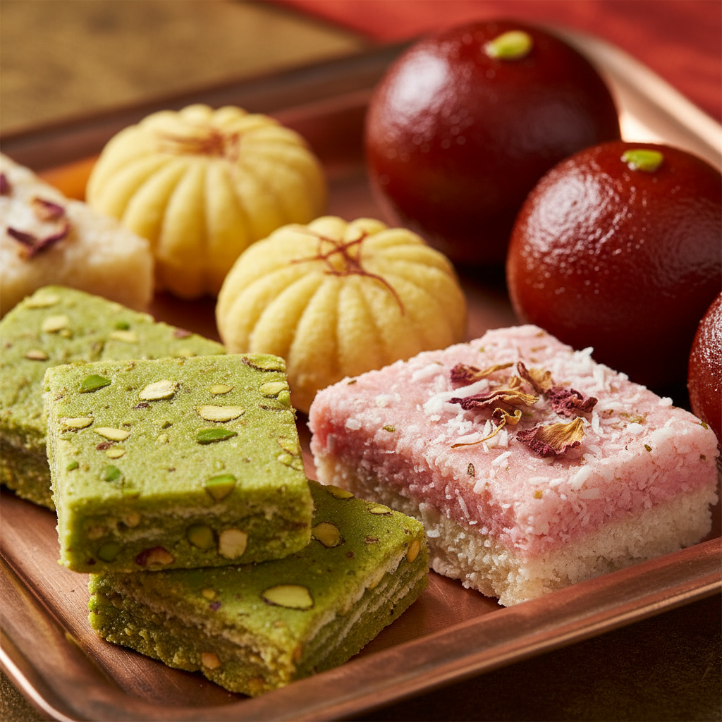 Close-up of premium Indian mithai assortment for corporate gifting: kaju katli, saffron peda, rose coconut barfi, and gulab jamun in pure desi ghee from a Brampton halwai