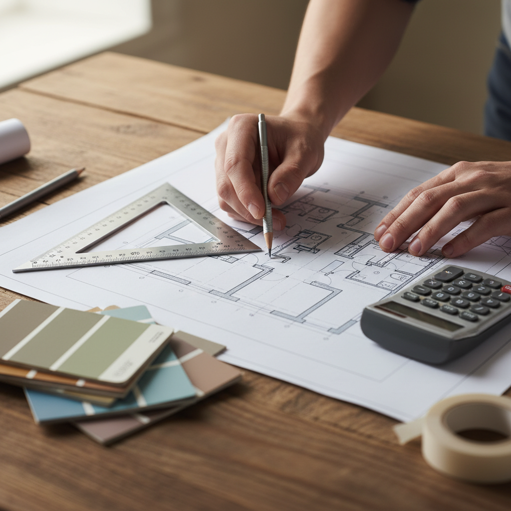 Close-up of house plans and calculator used to plan a home building loan process in Australia