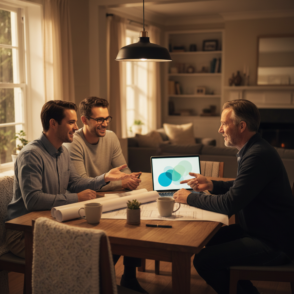 Couple meeting a mortgage broker to review construction loan steps and progress payment schedule