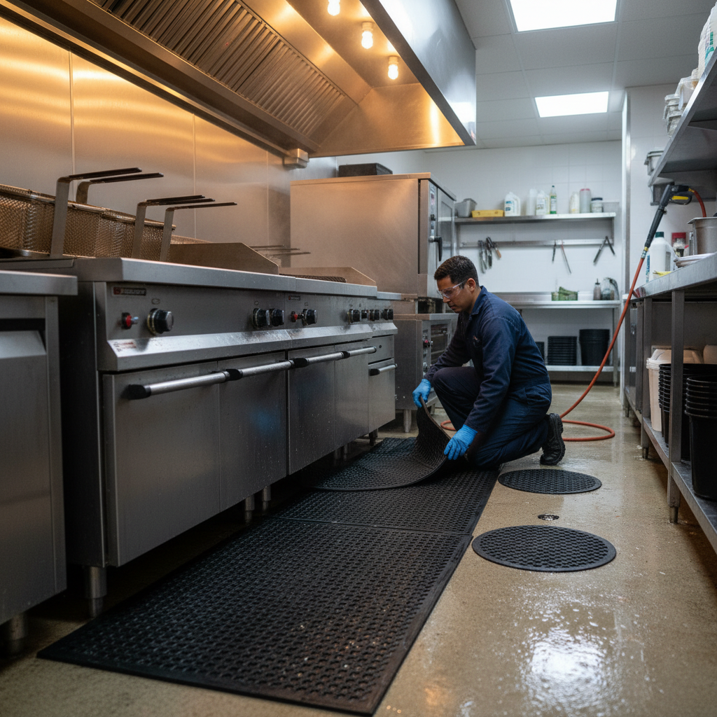 Technician setting up containment mats and drain filters around kitchen equipment before safe power washing