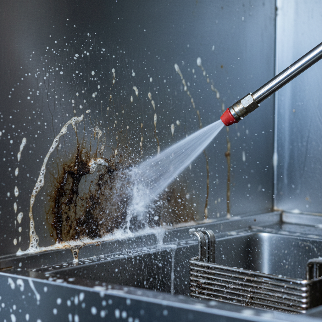 Close-up of controlled power washing removing grease from stainless fryer backsplash with food-safe degreaser foam