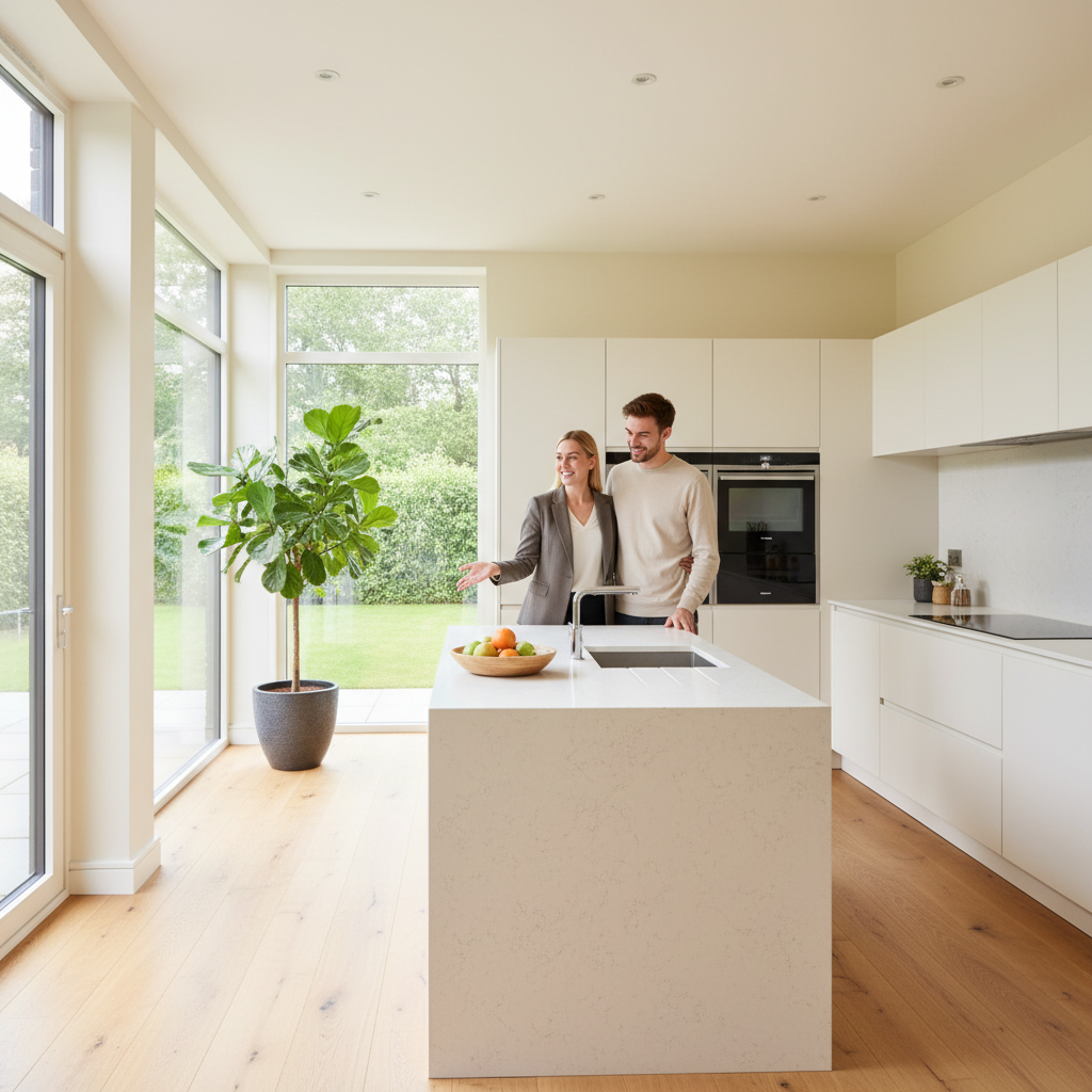 Homebuyers touring a bright kitchen during a scheduled viewing arranged through a Canada real estate marketplace app