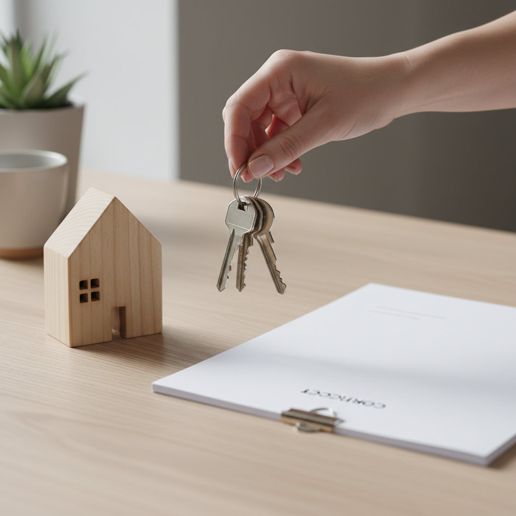 Close-up of keys, house model, and blank real estate contract symbolizing secure, no-realtor-fee transactions on a Canada real estate marketplace