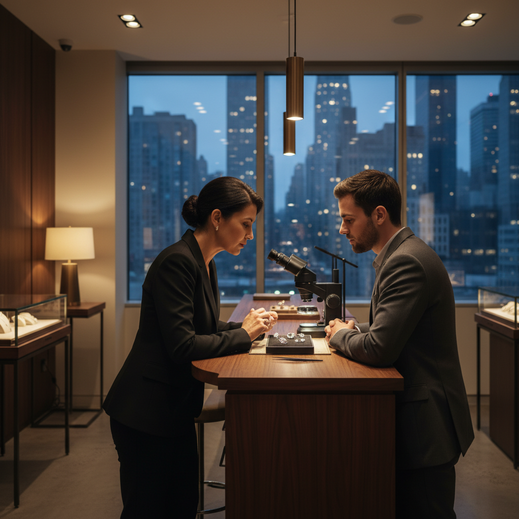 Jeweler and customer reviewing certified diamonds in a Manhattan showroom, using tweezers and microscope to match the report and laser inscription