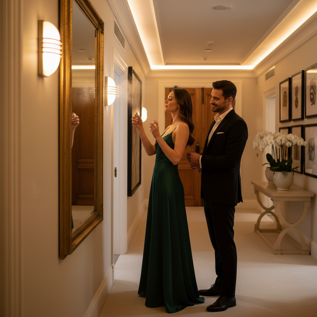 Evening scent etiquette: discreet perfume mist near neckline before a formal event