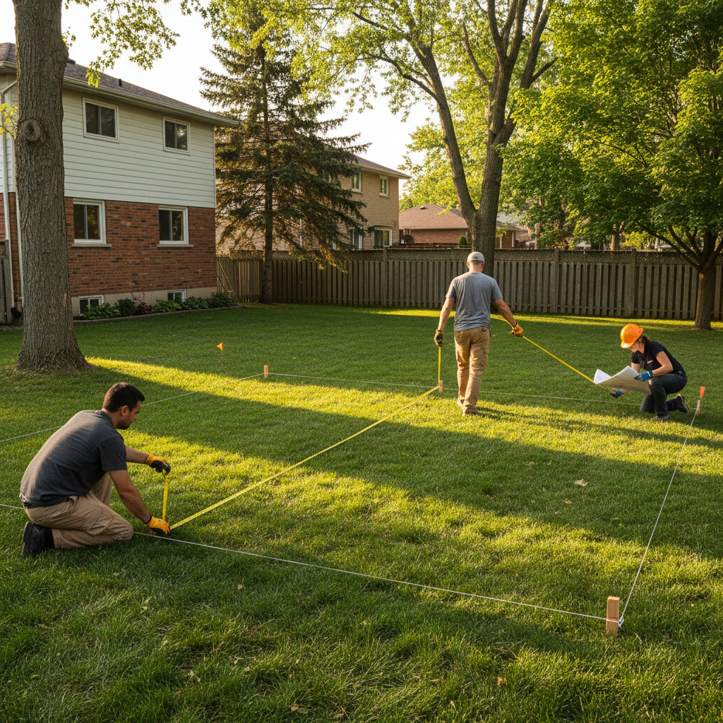 Crew measuring a Mississauga backyard with stakes and string lines during deck services planning to map layout and setbacks