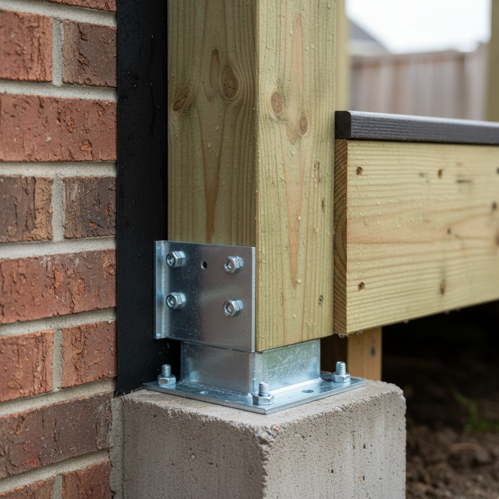 Detail of deck services planning showing galvanized post base, concrete pier, and joist hanger connection for durable framing