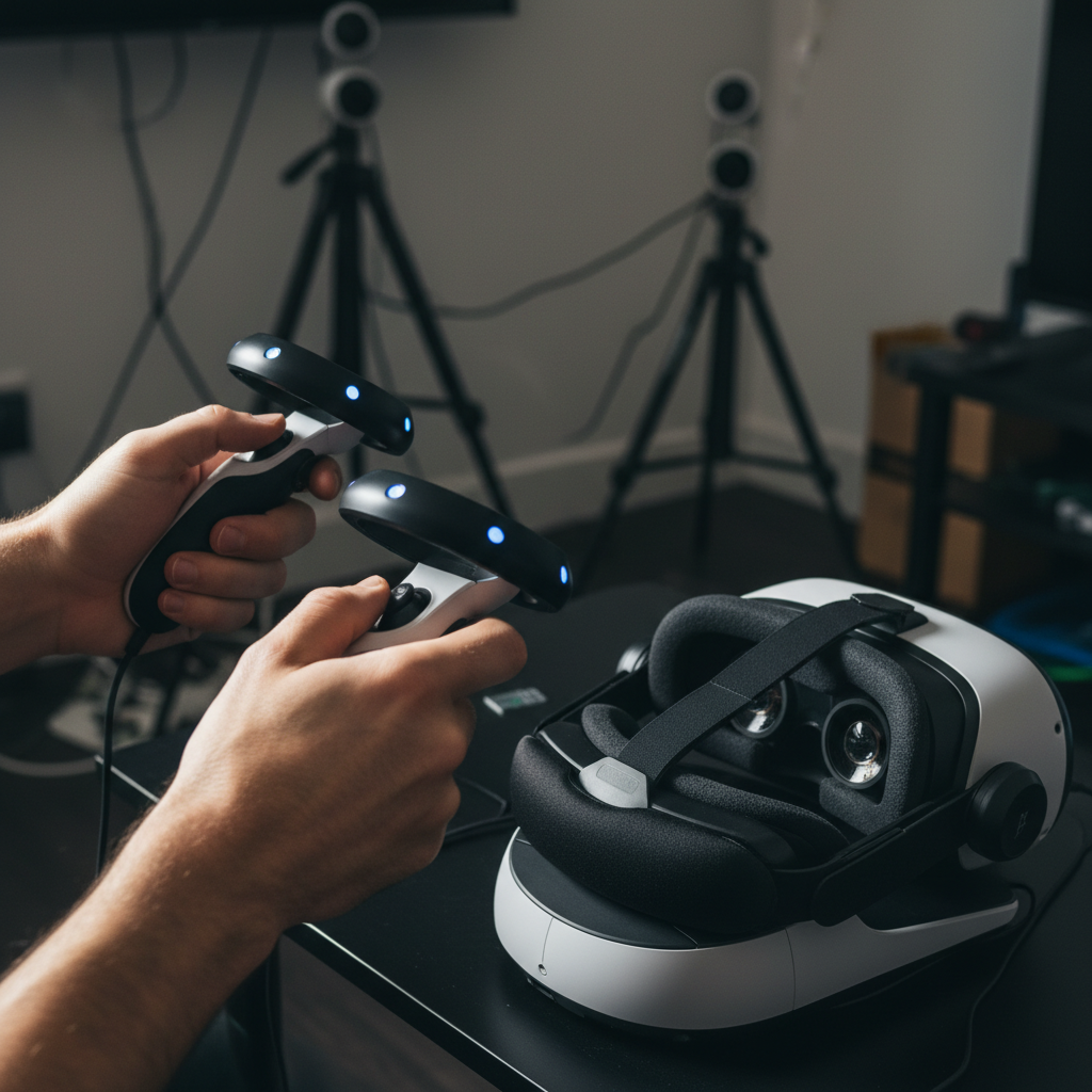 Close-up of VR motion controllers used in 1 hour VR sessions at a virtual reality arcade, showing room-scale sensors and ergonomic grips for comfort