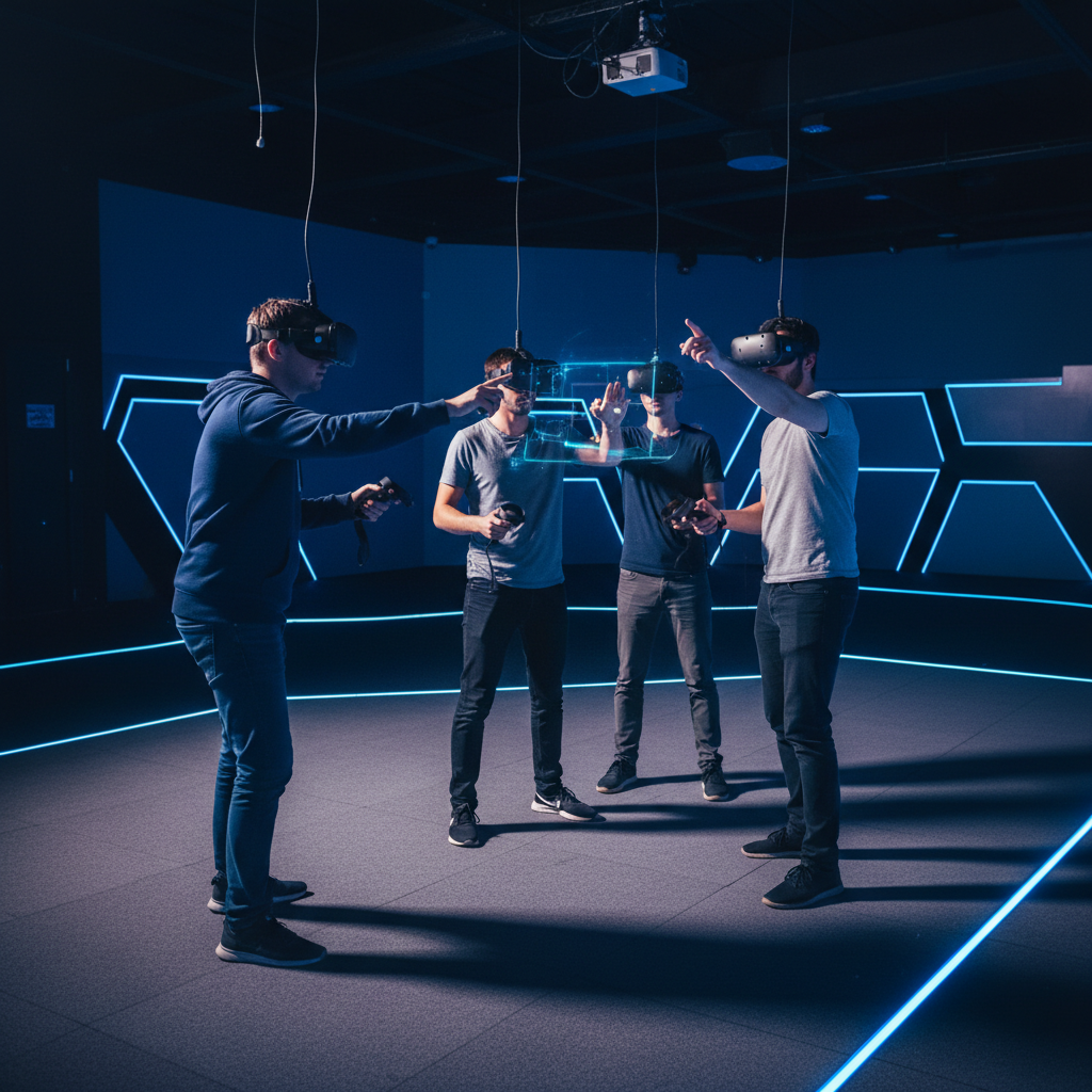 Group collaborating inside a VR escape room during a one-hour session, coordinating gestures and solving puzzles in a shared virtual space