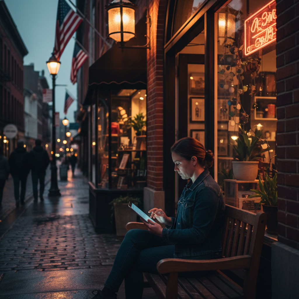Small business owner checking Search Console results and local SEO performance on a tablet at their storefront