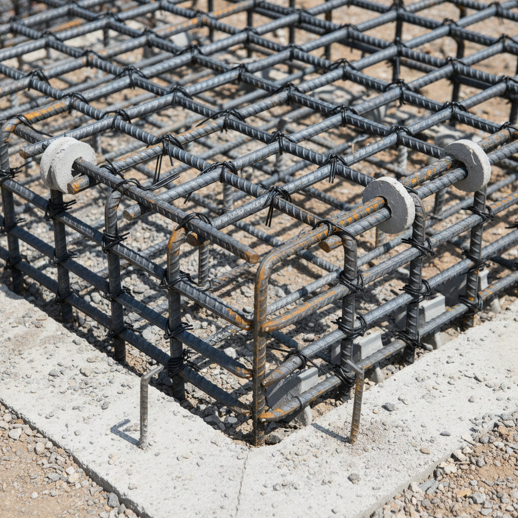 Close-up of tied foundation rebar corner with hooks, stirrups, chairs, and spacers showing correct cover for Ontario foundations