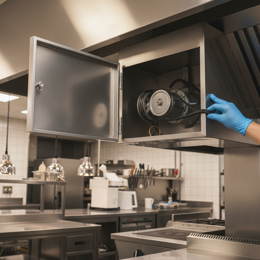 Technician aligning a new drive belt inside a stainless commercial kitchen hood during commercial exhaust fan belt replacement service