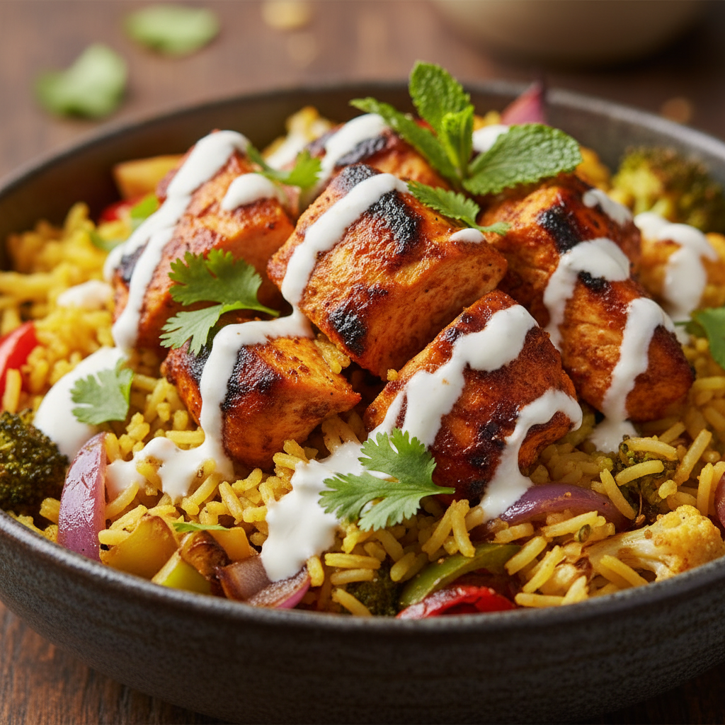 High-protein Indian-inspired bowl for healthy meal delivery in Toronto with tandoori chicken, vegetables, and turmeric rice