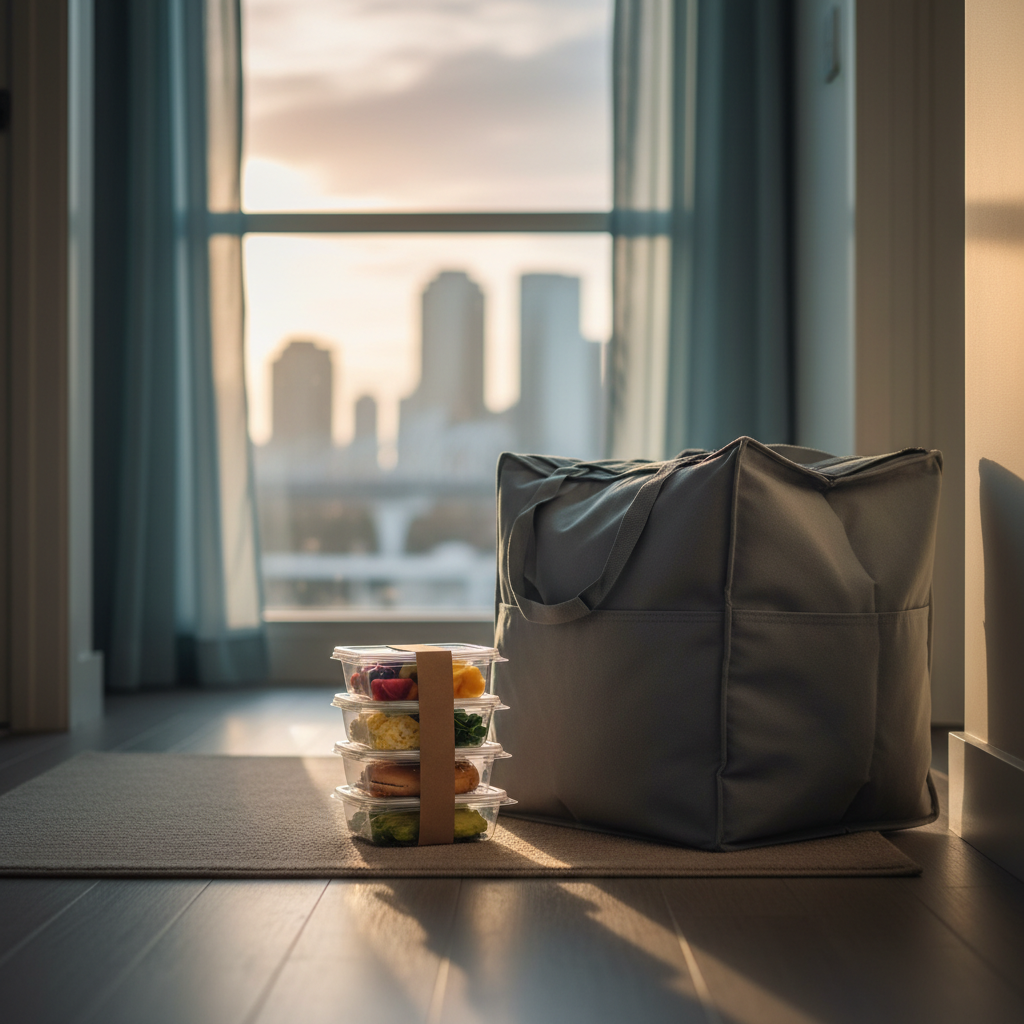 Early-morning condo doorstep delivery scene for Toronto healthy meal delivery with insulated meal bag and containers