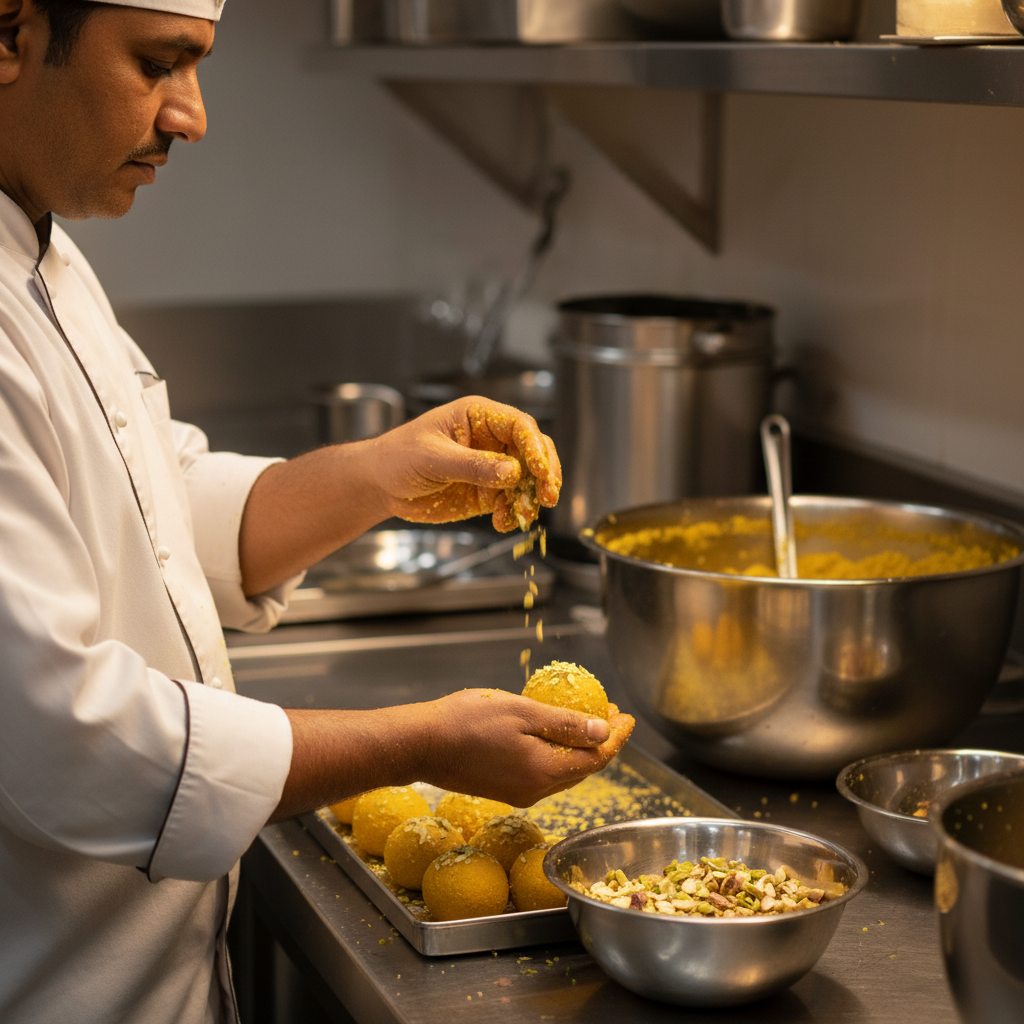 Artisan halwai rolling besan ladoo in a professional kitchen, showcasing handcrafted premium mithai in Brampton