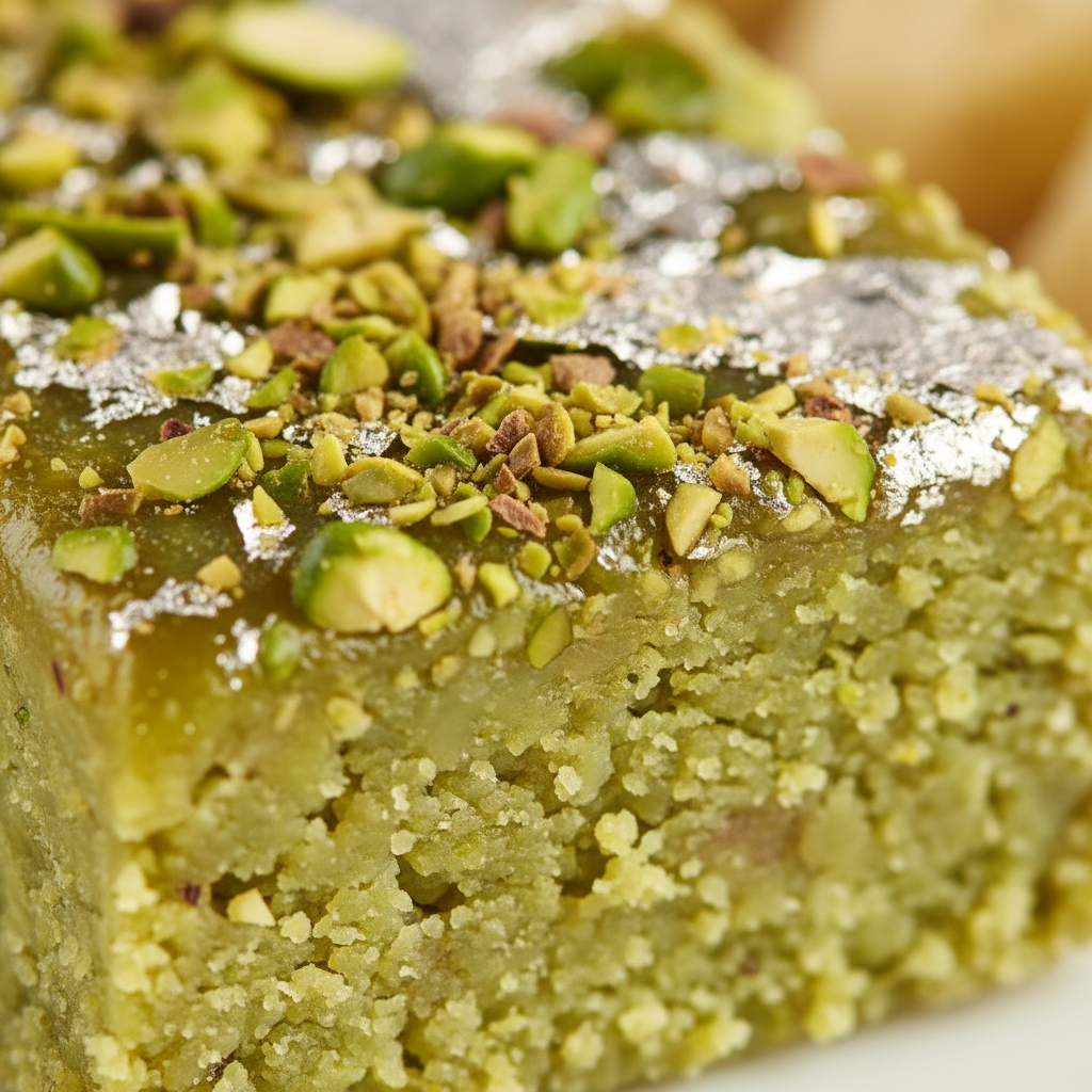 Close-up of pistachio barfi with silver varq, illustrating premium mithai texture and desi ghee sheen