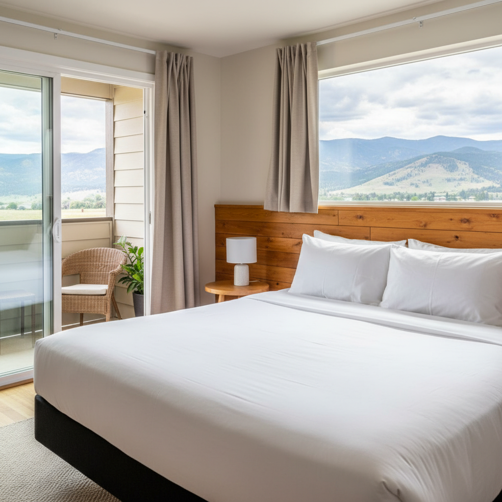 Renovated North Conway motel room interior with mountain-view window and enclosed porch door