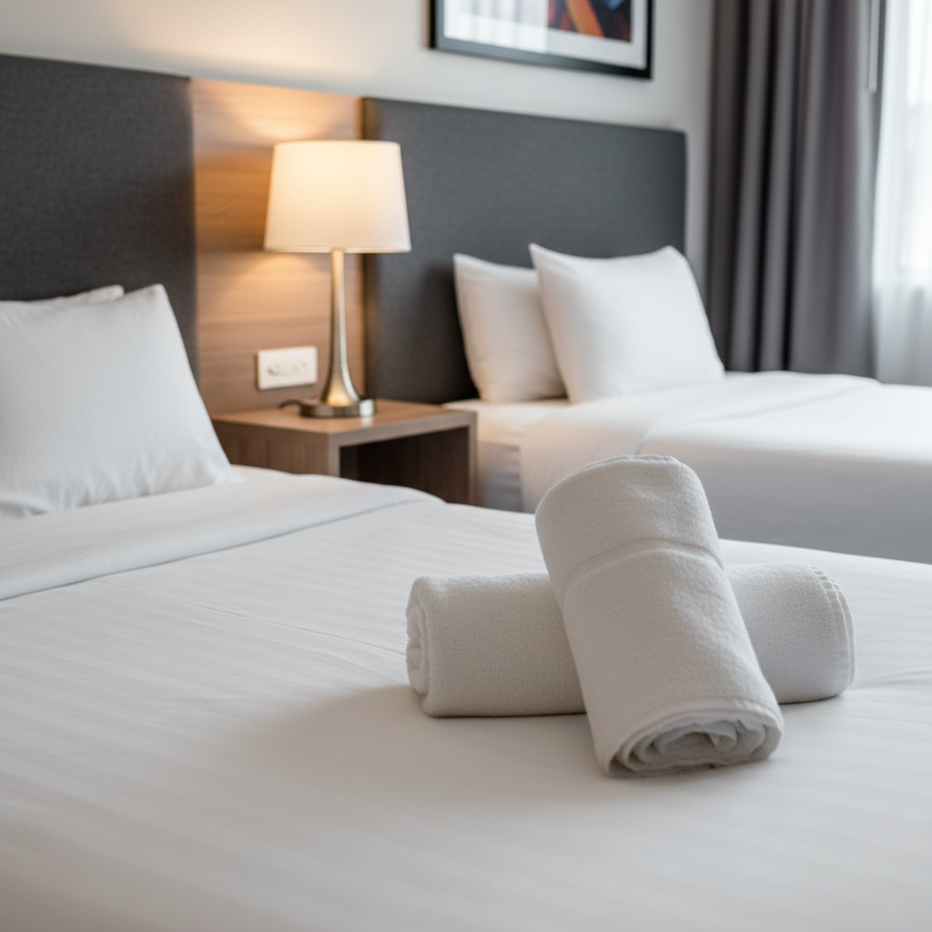 Close-up detail of renovated motel room finishes with crisp linens, brushed-nickel lamp, and bedside USB outlets for family-friendly convenience