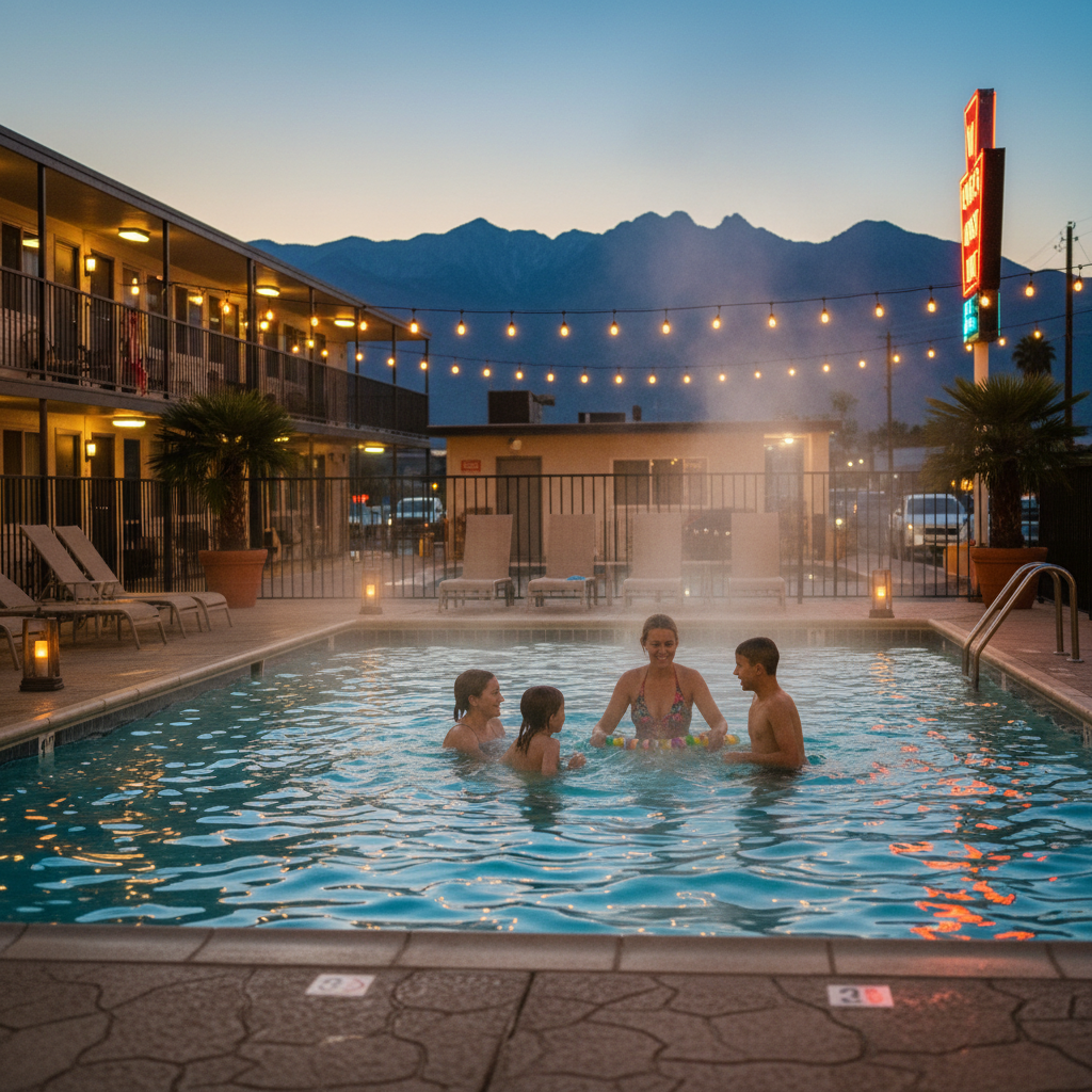 Family enjoying a heated outdoor motel pool in North Conway with mountain silhouettes at twilight, calm and safe ambiance