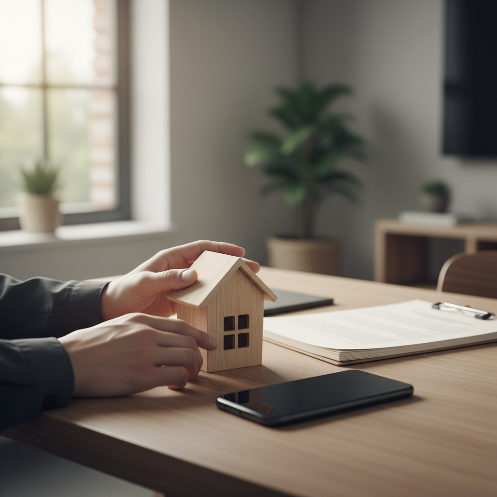 Close-up of homeowner comparing home insurance options in Ontario with a wooden house model and documents, illustrating best home insurance companies research
