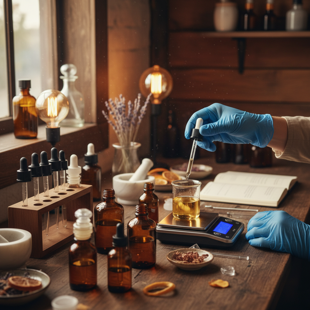 Artisanal perfumer’s workbench with amber bottles and scales blending fixatives for long-lasting, premium perfume compositions