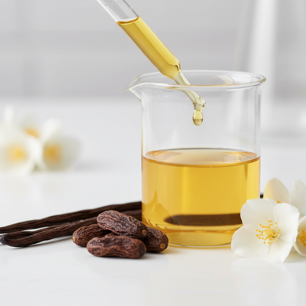 Macro shot of a perfumer pipetting golden essential oil onto vanilla and jasmine, illustrating premium perfume ingredients and extraction precision