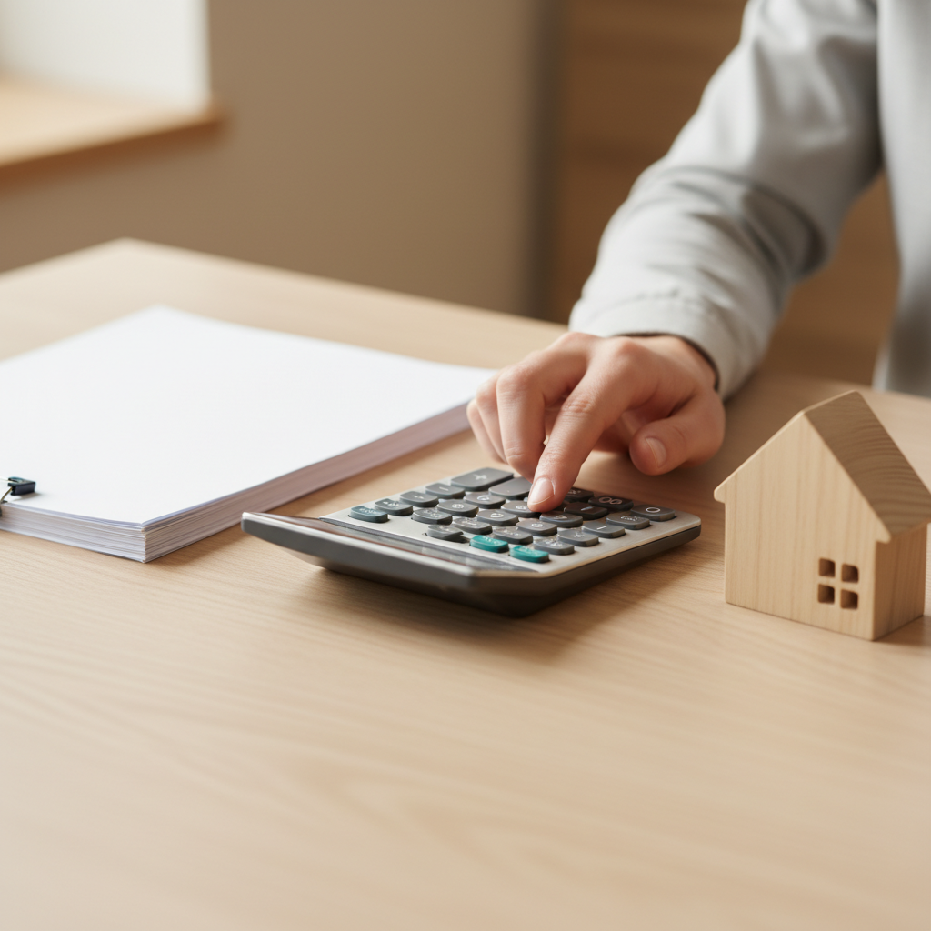 Close-up of hands using a calculator beside a house model, illustrating how to compare home loan features like offset vs redraw and repayment options