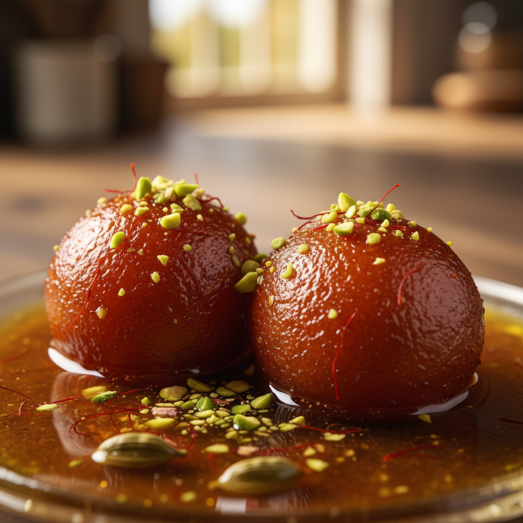 Close-up of gulab jamun in saffron-cardamom syrup highlighting Punjabi sweets cultural significance and desi ghee richness