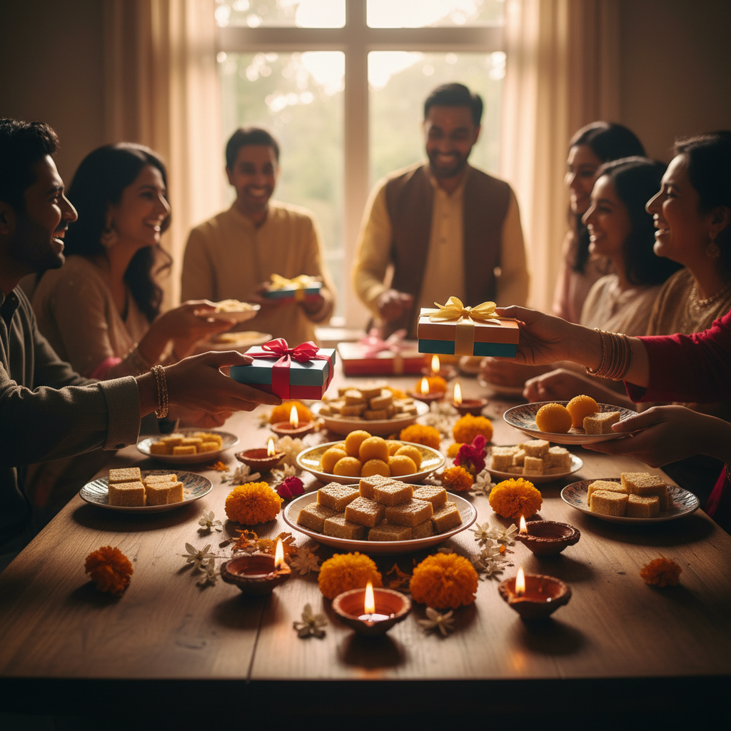 Family in Brampton exchanging Punjabi mithai gift boxes during a festive celebration, showing how sweets strengthen community bonds