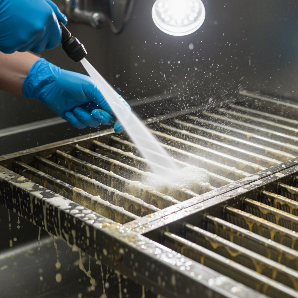 Close-up of baffle filter cleaning during commercial kitchen grease removal services with hot-water spray and degreaser in an Ontario restaurant