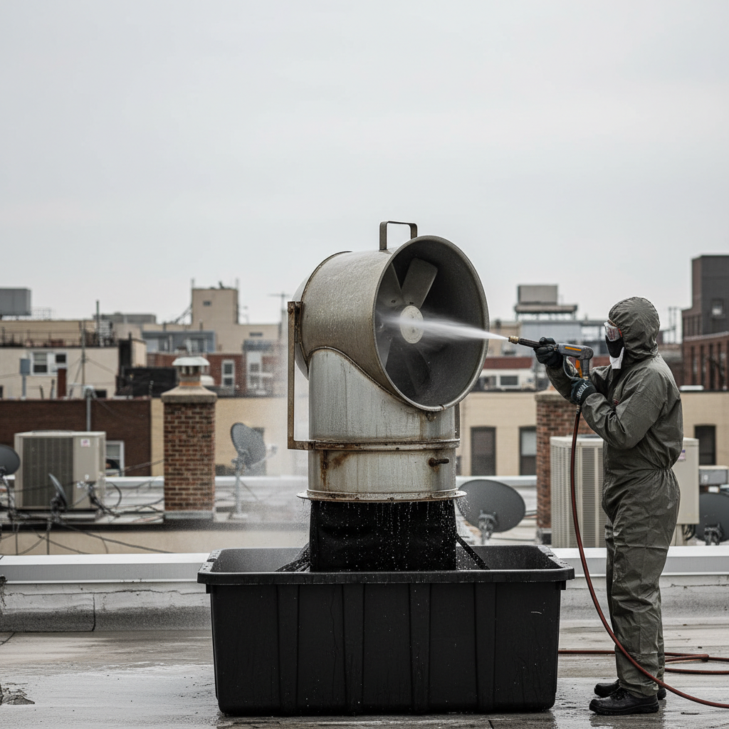 Rooftop exhaust fan cleaning with hinge kit and grease containment during Ontario commercial kitchen grease removal services