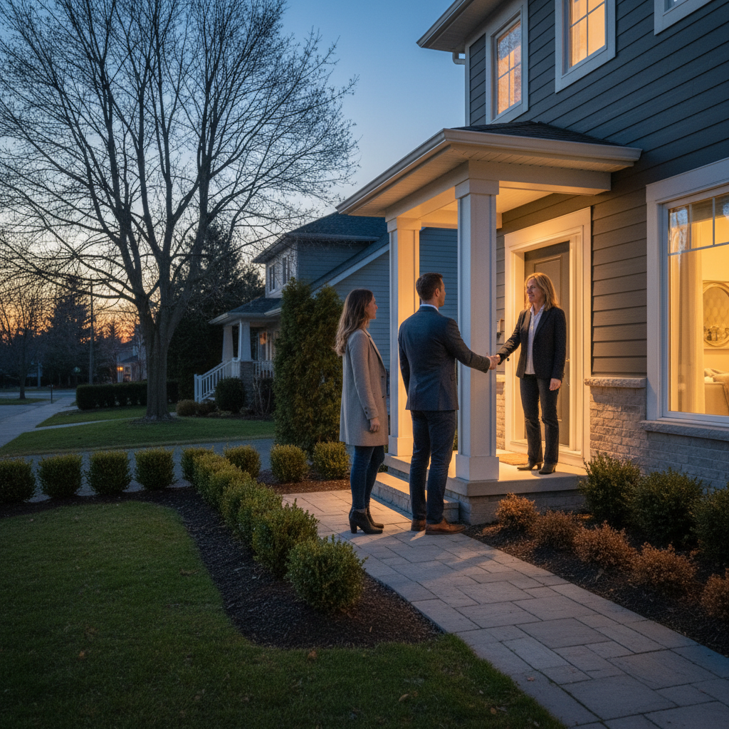 Home viewing in a Canadian suburban setting at dusk with buyers arriving for a scheduled showing