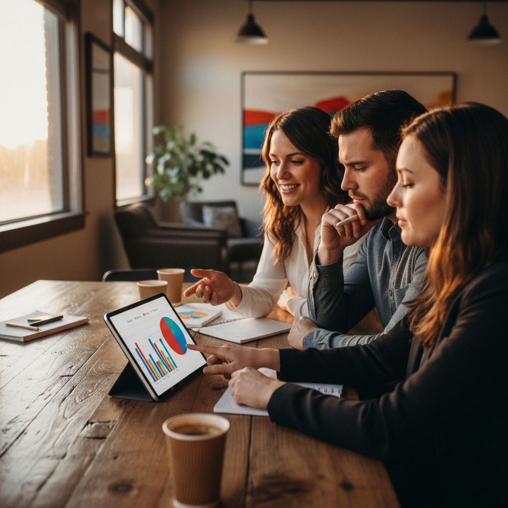 Small business owners reviewing startup accounting dashboards with an advisor during monthly close and planning