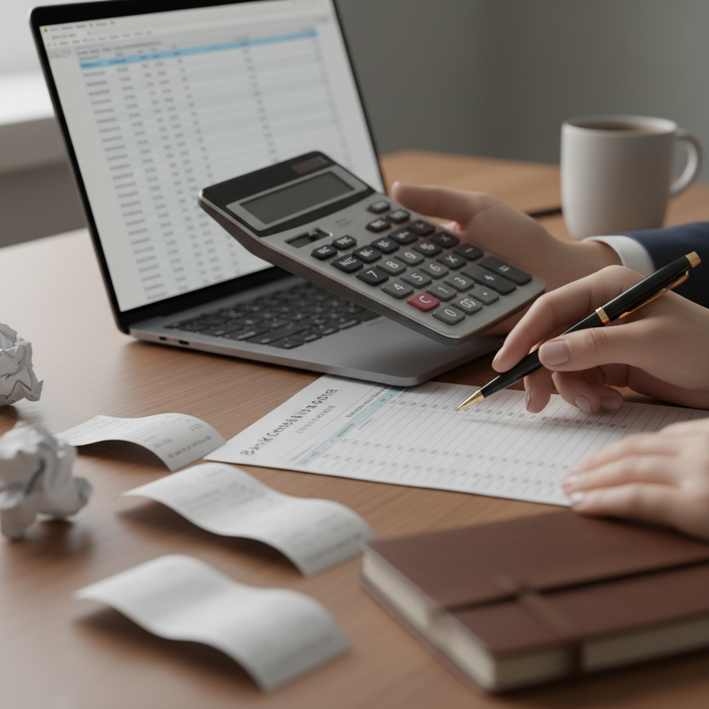 Close-up of startup bookkeeping workflow reconciling bank feeds and receipts for accounting essentials