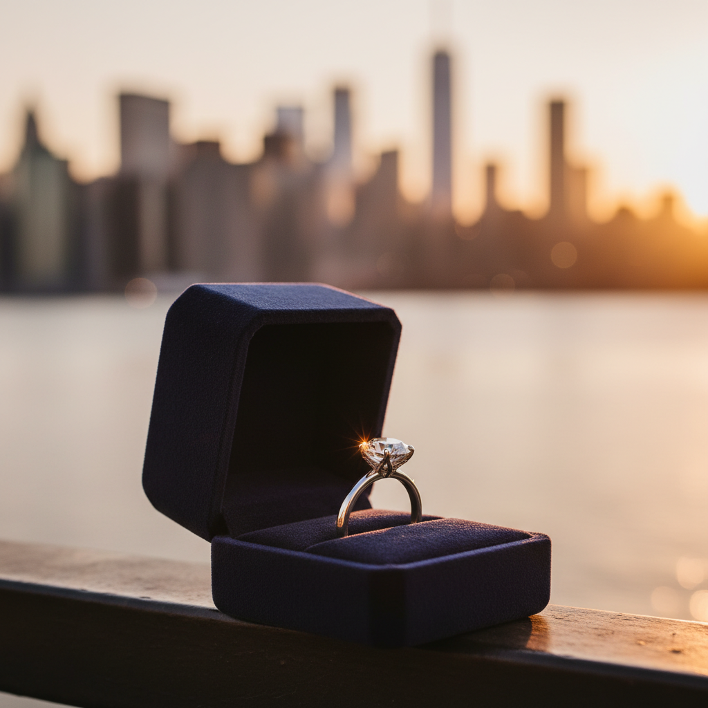Lifestyle side-angle scene of a proposal ring box outdoors with a solitaire catching golden hour light in New York