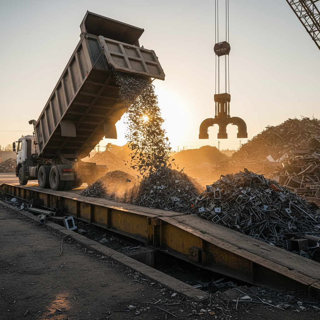 Truck unloading sorted steel at a scrap yard weighbridge to illustrate per‑pound steel pricing workflow