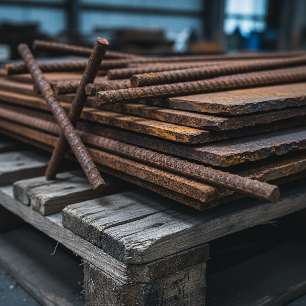 Close-up detail of steel rebar and cut plate illustrating grading factors for the price of steel per pound