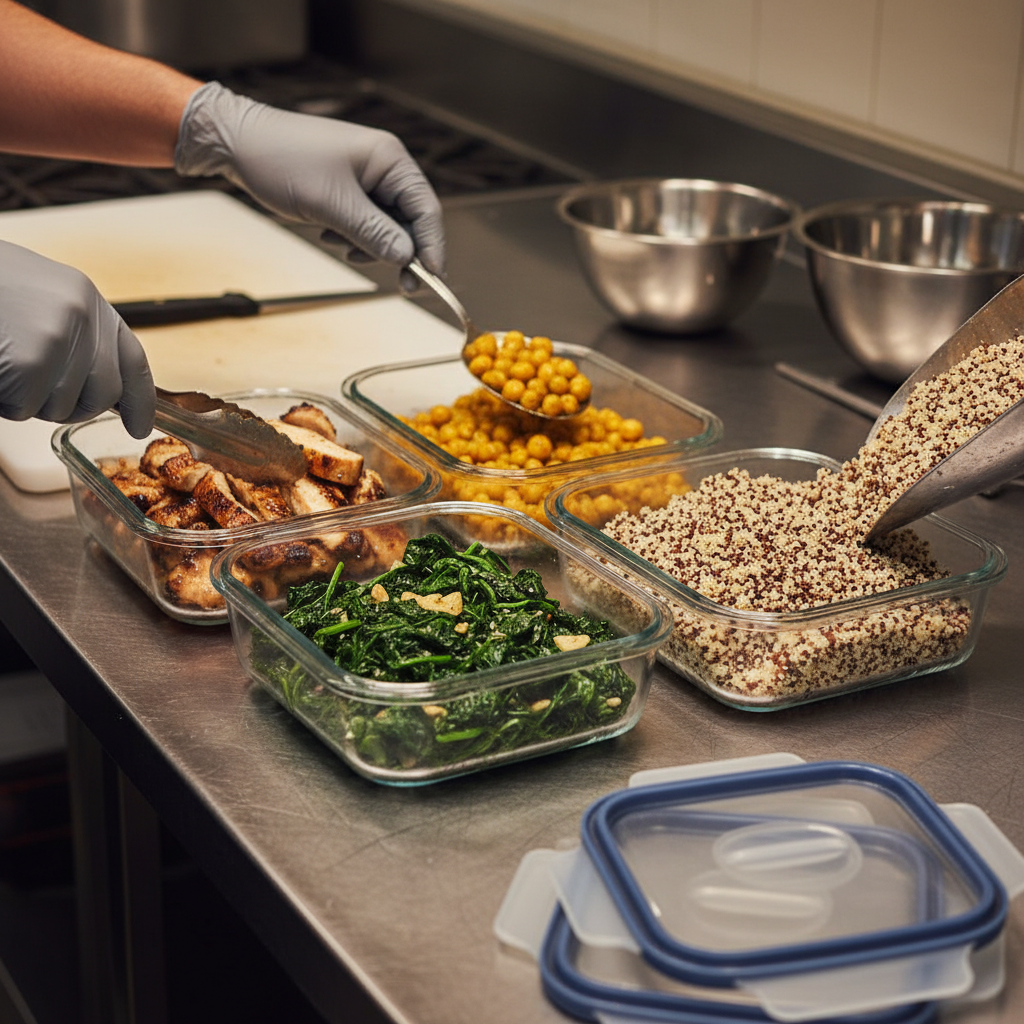 Close-up of balanced meal prep containers with grilled chicken, chickpeas, spinach, and quinoa demonstrating a balanced diet plate