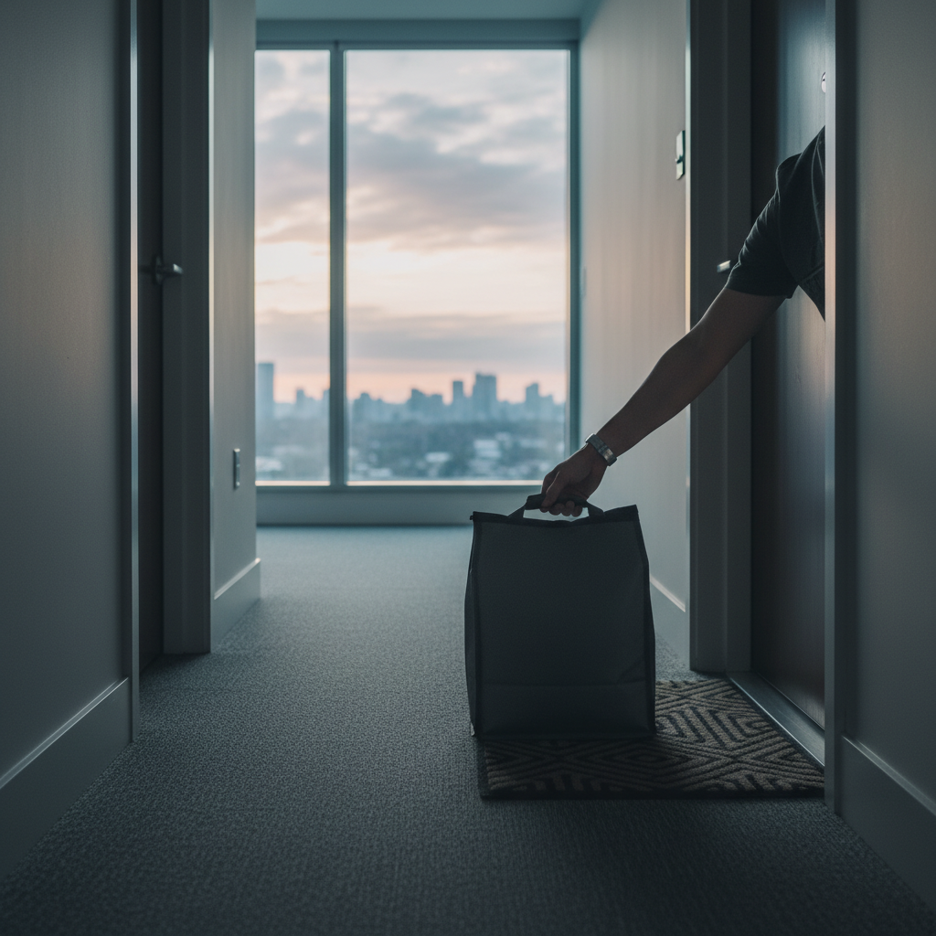 Early morning condo hallway with a meal delivery bag placed at the doorstep, illustrating weekday morning delivery that supports a balanced diet