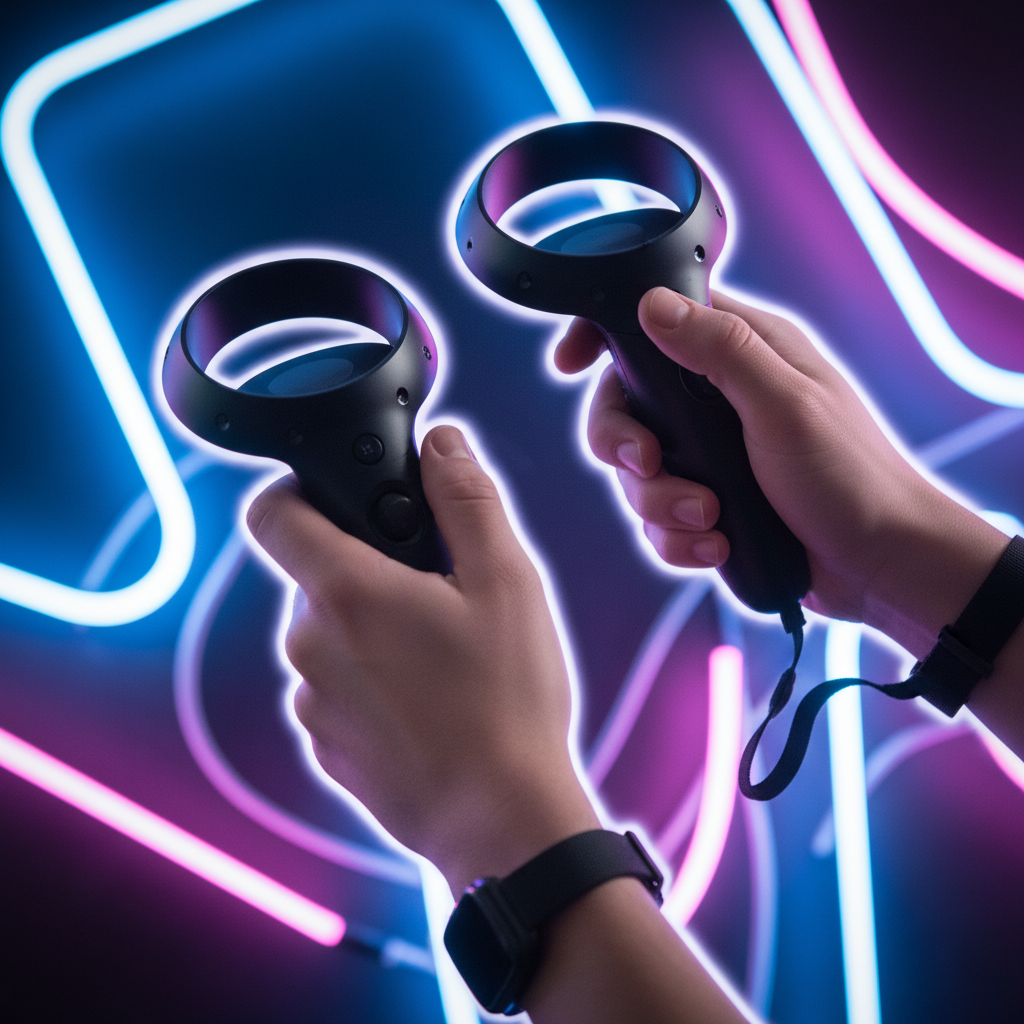 Close-up of HTC Vive-style motion controllers used to solve VR escape room puzzles with precise timing and rotation