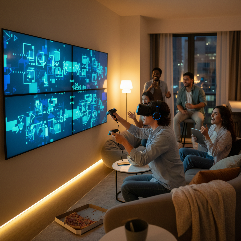Friends in a lounge party room watching large screens while a teammate tackles a multiplayer VR puzzle in real time