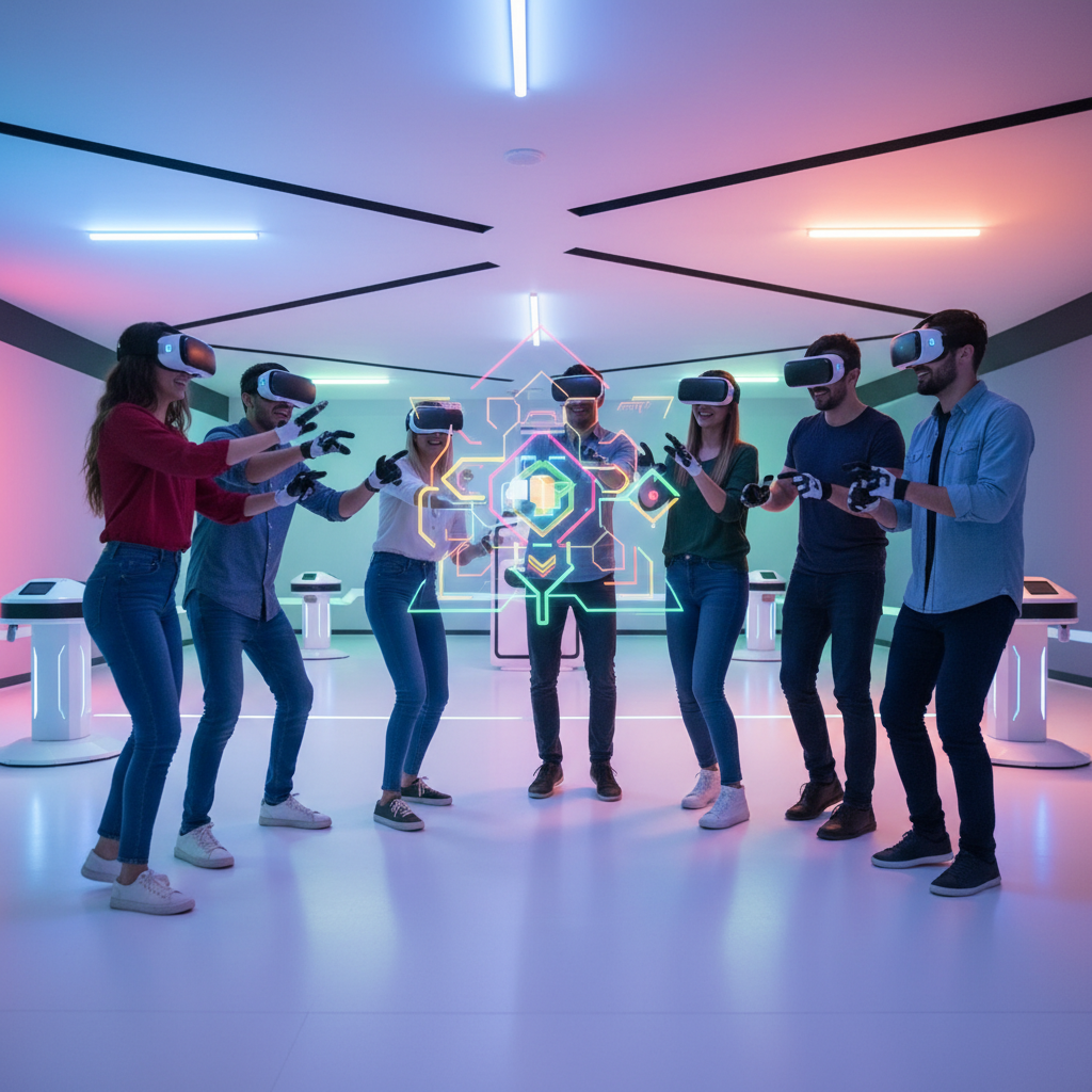 Friends collaborating in multiplayer VR puzzle games at a bright, modern arcade in London, Ontario