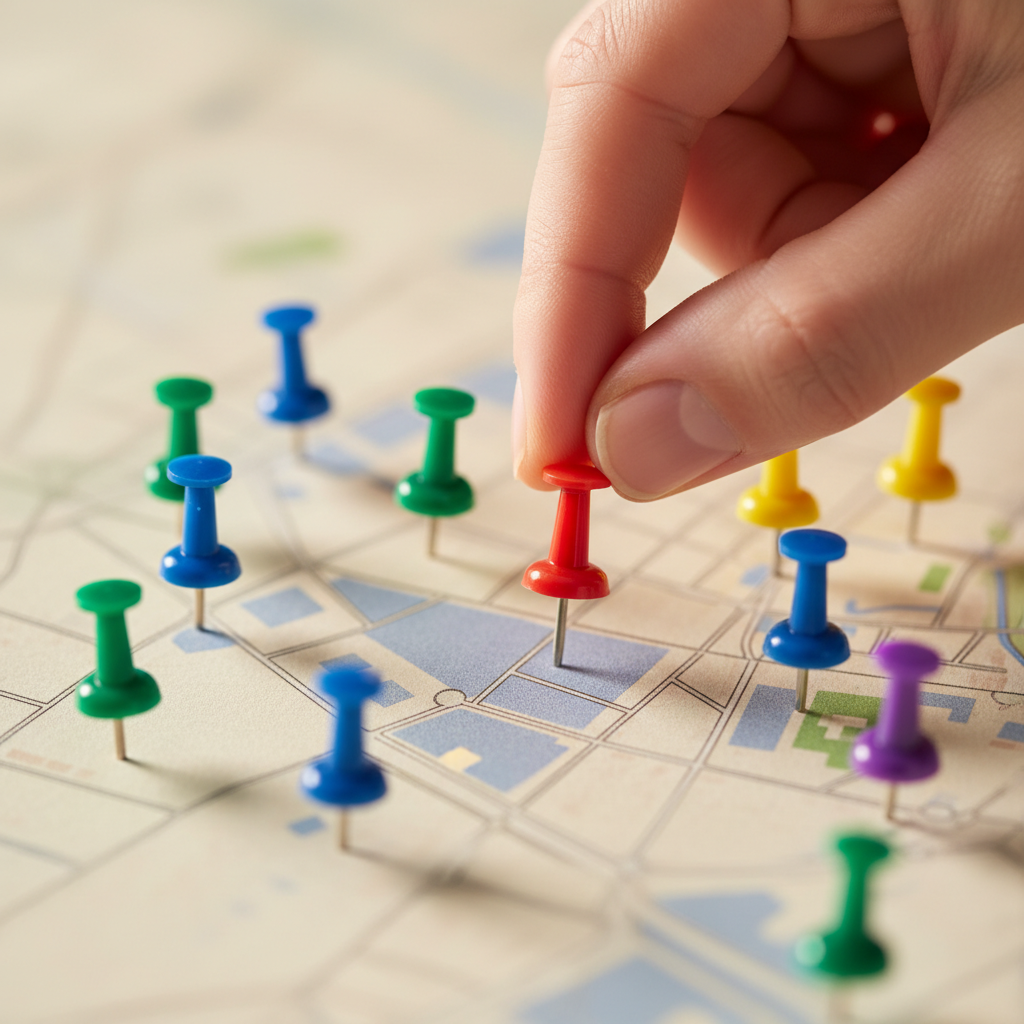 Local SEO for SMB close-up of hand placing a red pushpin on a city map to represent targeting nearby searches