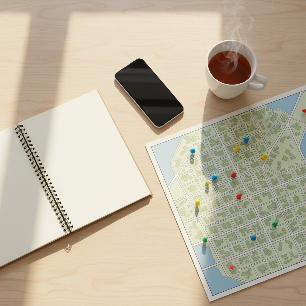 Local SEO workspace top-down with phone, notebook, coffee, and neighborhood map to plan weekly posts and Google Business Profile updates