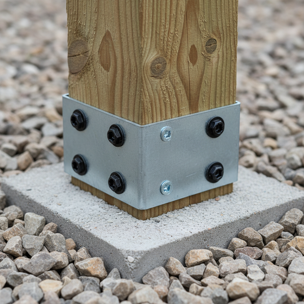 Close-up of pressure-treated fence post in concrete footing with gravel base and galvanized hardware for GTA climate